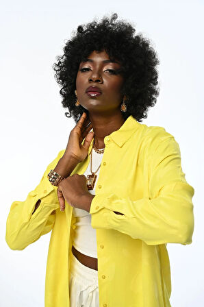 Kadın Oversıze Kalıp Jakarlı Sarı Gömlek