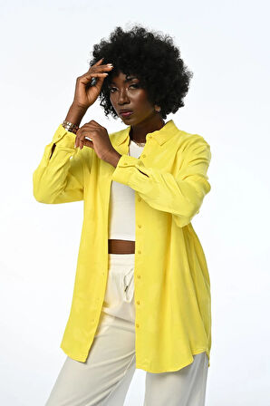 Kadın Oversıze Kalıp Jakarlı Sarı Gömlek