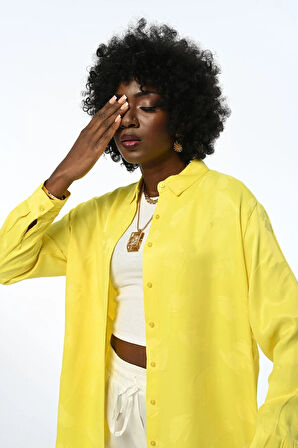 Kadın Oversıze Kalıp Jakarlı Sarı Gömlek