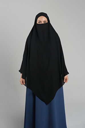 Siyah Pratik Hazır Geçmeli Tesettür Eşarp Krep Bağcıklı Çift Katlı Sufle Hijab 2314_01