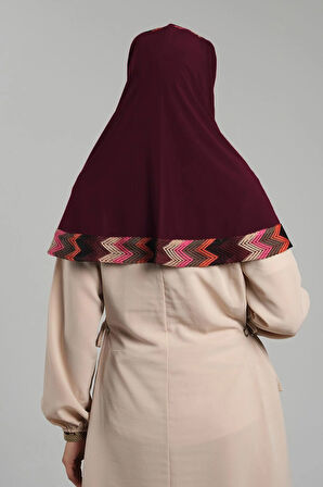 Bordo Pratik Hazır Geçmeli Tesettür Eşarp Sandy Renkli Desenli Fileli 2401_16