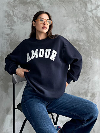 Amour Nakışlı Unisex Lacivert Sweatshirt