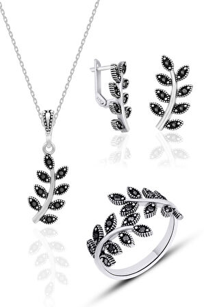 Gümüş Markazit Set Yaprak Modeli Gümüş Üçlü Set 925 Ayar ST128