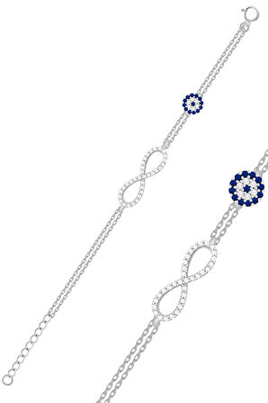 Gümüş Zirkon Taşlı Sonsuzluk Bileklik Nazar Boncuklu ST222