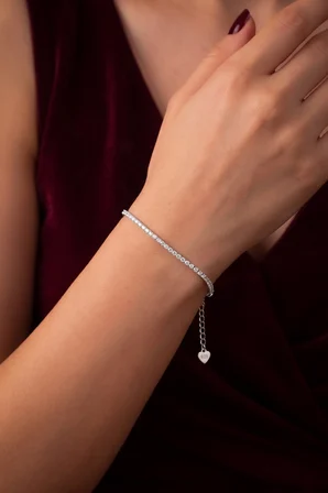 925 Ayar Gümüş Bileklik Rodyumlu 2 mm Beyaz Zirkon Taşlı Su Yolu Bileklik ST430