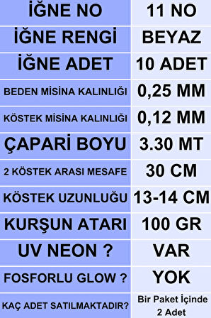 Eagenset Çapari İstavrit Çaparisi 25x12 Beden, Uv Neon Koyu Yeşil Sim, 11 No Beyaz İğne, 10 İğneli, 2li Paket