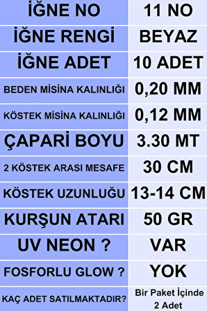 Eagenset Çapari İstavrit Çaparisi 20x12 Beden, Uv Neon Koyu Yeşil Sim, 11 No Beyaz İğne, 10 İğneli, 2li Paket