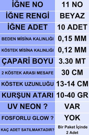 ea genset Çapari İstavrit Çaparisi 15x12 Beden, Uv Neon Fıstık Yeşili Sim, 11 No Beyaz İğne, 10 İğneli 2li Paket