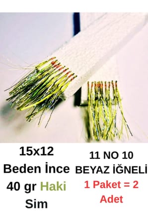  ea genset Çapari İstavrit Çaparisi 15x12 Beden, Haki Sim, 11 No Beyaz İğne, 10 İğneli Çapari, 2li Paket
