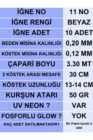 ea genset Çapari İstavrit Çaparisi 20x12 Beden, Uv Neon Sarı Sim, 11 No Beyaz İğne, 10 İğneli Çapari 2li Paket