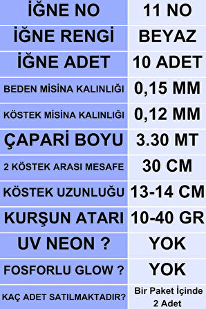 Eagenset Çapari İstavrit Çaparisi 15x12 Beden, Mor Sim, 11 No Beyaz İğne, 10 İğneli Çapari, 2li Paket