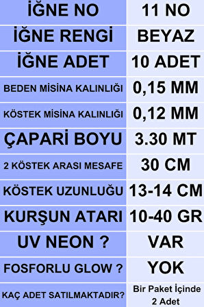 Eagenset Çapari İstavrit Çaparisi 15x12 Beden, Uv Neon Mavi Sim, 11 No Beyaz İğne, 10 İğneli Çapari, 2li Paket