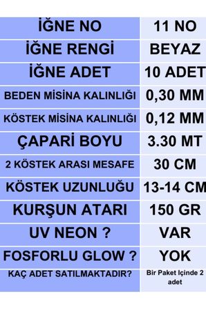 ea genset Çapari İstavrit Çaparisi 30x12 Beden, Uv Neon Kırmızı Sim, 11 No Beyaz İğne, 10 İğneli Çapari, 2li Paket