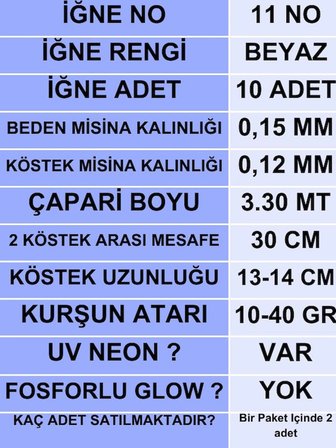 ea genset Çapari İstavrit Çaparisi 15x12 Beden, Uv Neon Kırmızı Sim, 11 No Beyaz İğne, 10 İğneli Çapari, 2li Paket