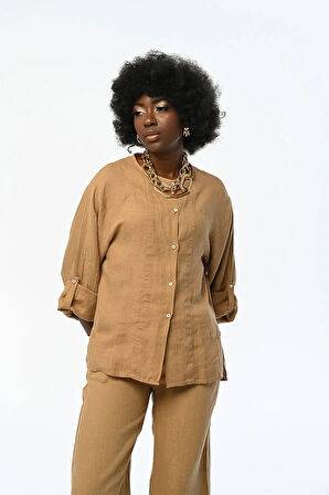 KADIN BİSİKLET YAKA KETEN GÖMLEK