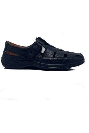 SULTAN Siyah Hakiki Deri Bantlı Ortopedik Günlük Erkek Yazlık Ayakkabı