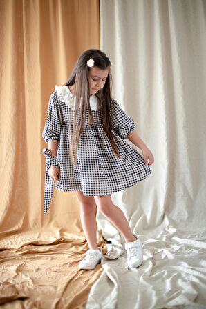 Çocuk Organik Müslin Uzun Kollu Bebek Yaka Pileli Elbise