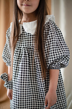 Çocuk Organik Müslin Uzun Kollu Bebek Yaka Pileli Elbise