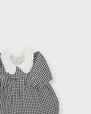 Çocuk Organik Müslin Uzun Kollu Bebek Yaka Pileli Elbise