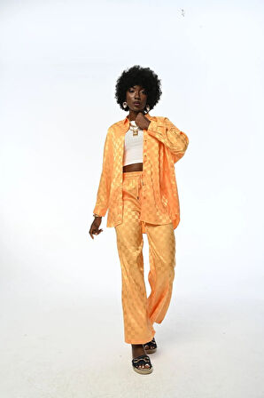 KADIN RAHAT KALIP BOL PAÇA DAMA DESENLİ TURUNCU JAKARLI PANTOLON