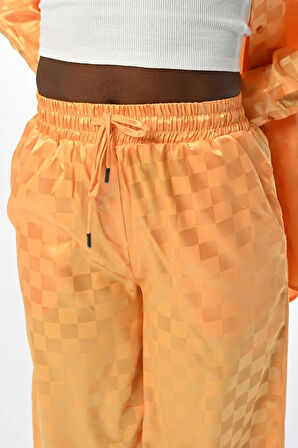 KADIN RAHAT KALIP BOL PAÇA DAMA DESENLİ TURUNCU JAKARLI PANTOLON