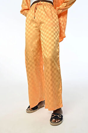 KADIN RAHAT KALIP BOL PAÇA DAMA DESENLİ TURUNCU JAKARLI PANTOLON