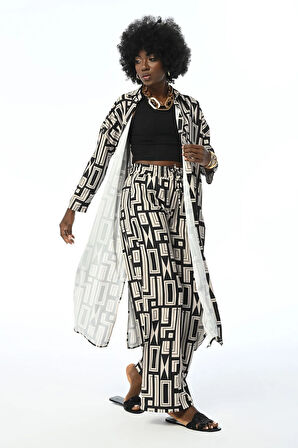 KADIN RAHAT KALIP GEOMETRİK DESENL BELİ LASTİKLİ PANTOLON