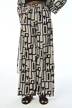 KADIN RAHAT KALIP GEOMETRİK DESENL BELİ LASTİKLİ PANTOLON