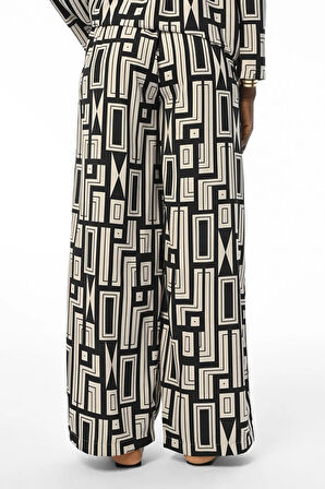 KADIN RAHAT KALIP GEOMETRİK DESENL BELİ LASTİKLİ PANTOLON