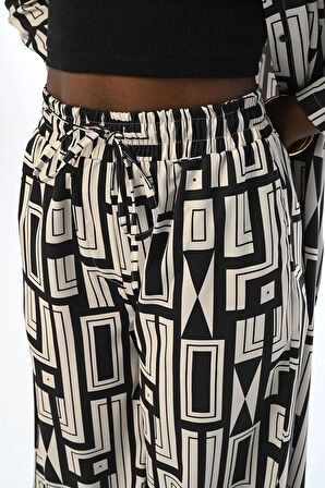 KADIN RAHAT KALIP GEOMETRİK DESENL BELİ LASTİKLİ PANTOLON