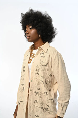 KADIN OVERSIZE KALIP NAKIŞLI GÖMLEK