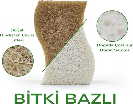 Bitki Bazli Dogal Bulasik Sungeri 6’Li Paket, Ekstra Dayanikli, Koku Tutmaz, Cizmeden Temizler, Hindistan Cevizi Lifi Ve Seluloz