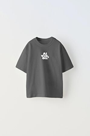 Always On Yazılı Futbol Tasarım Baskılı Füme Çocuk T-shirt