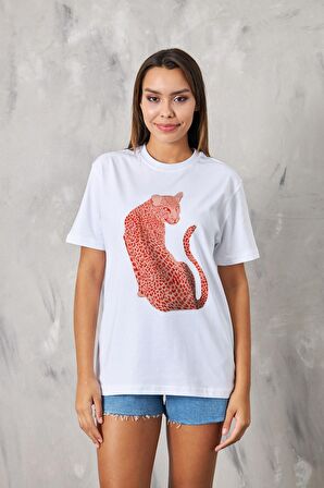 Leopar Tasarım Baskılı Beyaz Kadın T-shirt