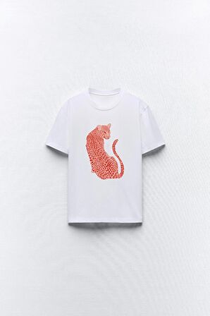 Leopar Tasarım Baskılı Beyaz Kadın T-shirt