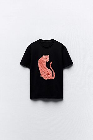 Leopar Tasarım Baskılı Siyah Kadın T-shirt