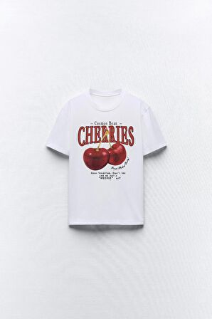 Cherries Yazılı Kiraz Tasarım Baskılı Beyaz Kadın T-shirt