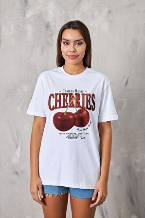 Cherries Yazılı Kiraz Tasarım Baskılı Beyaz Kadın T-shirt