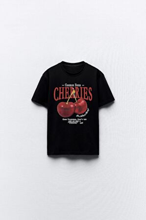 Cherries Yazılı Kiraz Tasarım Baskılı Siyah Kadın T-shirt