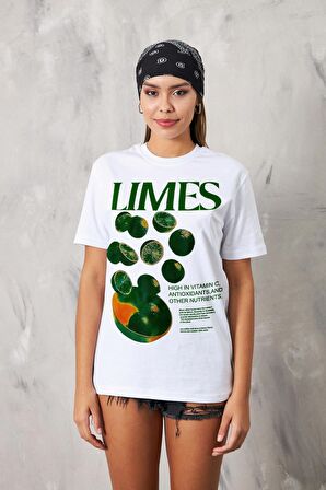 Limes Yazılı Limon Tasarım Baskılı Beyaz Kadın T-shirt