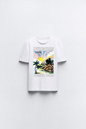 Dreams Beach Bum Yazılı Manzara Tasarım Baskılı Beyaz Çocuk T-shirt