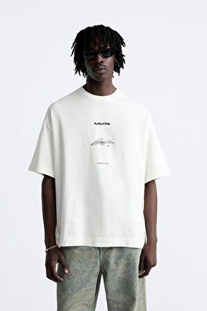 İmza Baskılı Oversize Beyaz Erkek T-shirt