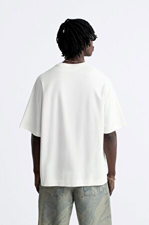 İmza Baskılı Oversize Beyaz Erkek T-shirt