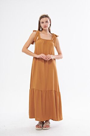 Omuzları Bağlamalı Dökümlü Kare Yaka Taba Dokuma Elbise