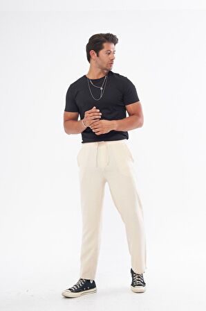 Keten Görünümlü Dökümlü Beli Lastikli Ekru Pantolon