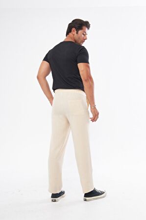 Keten Görünümlü Dökümlü Beli Lastikli Ekru Pantolon