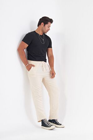 Keten Görünümlü Dökümlü Beli Lastikli Ekru Pantolon