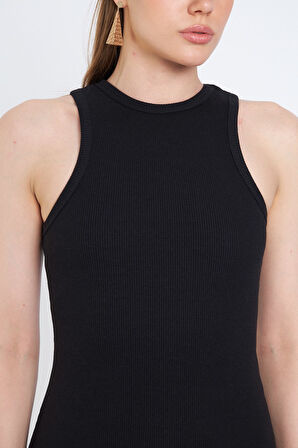  Halter Yaka Likralı Kaşkorse Mini Siyah Elbise
