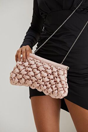 Pudra Kapitone Saten Kadın Clutch Çanta