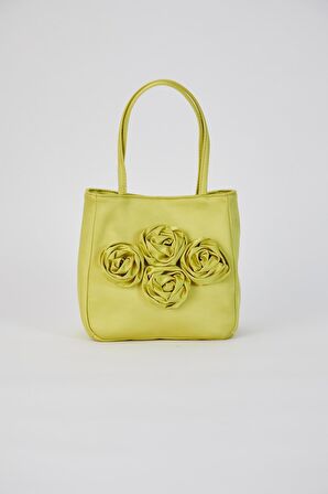 Lime Yeşili Gül Tasarımlı Saten El Çantası